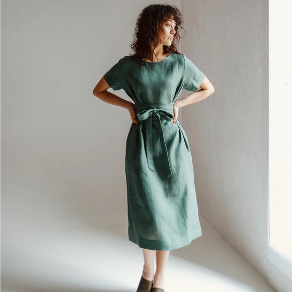 Nich Linen Chic Purple Midi Dress with Belt 100% Linen Small - Picture 9 of 9